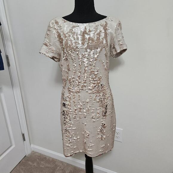 Ark & Co Women’s Ivory Gold Reversible Sequin Dress Short Sleeves Bodycon Sz M - Picture 1 of 16